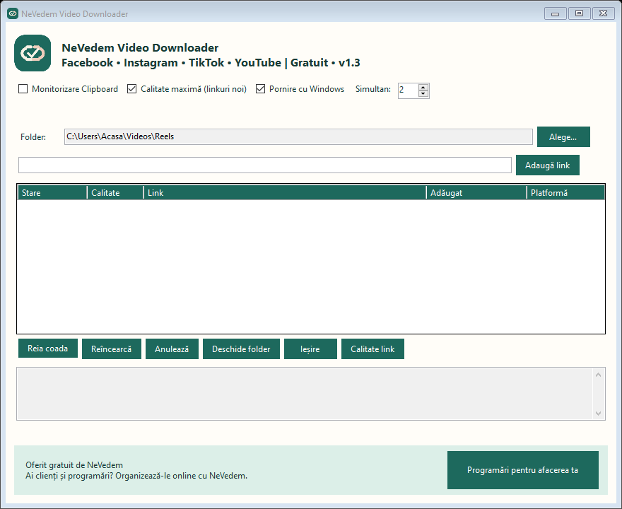 Fereastra NeVedem Video Downloader, cu lista descărcărilor și accesul la programări online